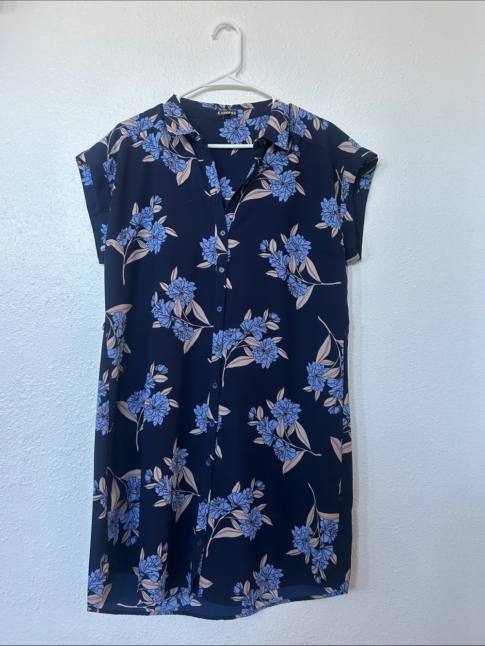 Express Navy Floral Button-Down Shirt Dress with Blue and Blush Print